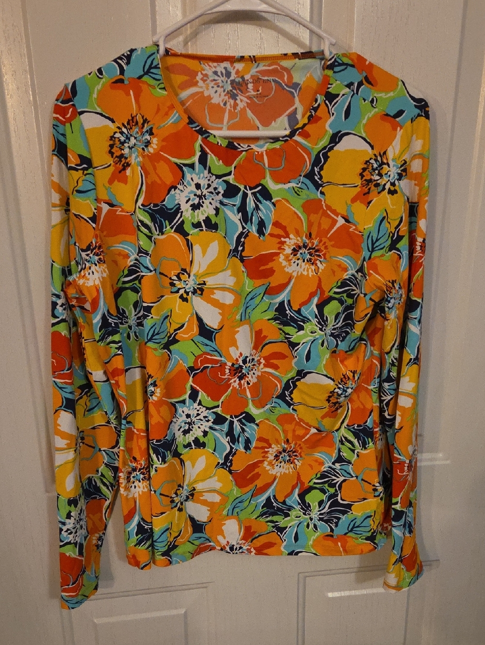 Lands' End Orange Multi Floral Long-Sleeve Swim Shirt Size Medium